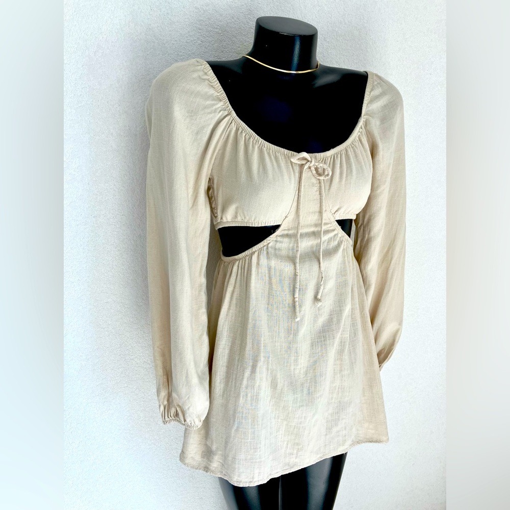 Women long SLEEVE scoopNECK off SHOULDER Cutout MINI Dress XS S EUC Beige TAN